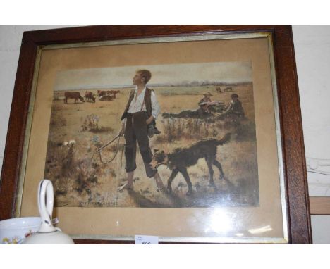 COLOURED PRINT 'HIS FIRST GLIMPSE', OAK FRAMED