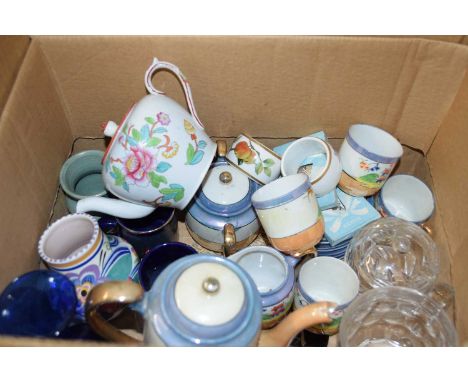 BOX OF MIXED CERAMICS AND GLASS WARES TO INCLUDE A LUSTRE FINISH TEA SET, SMALL POOLE POTTERY VASE ETC