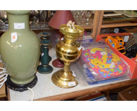 MIXED LOT MODERN BRASS OIL LAMP AND THREE CANDLESTICKS (4)