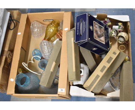 Two Boxes Containing Various Plain and Coloured Glasswares, Pianola Rolls, Ceramic Ornaments etc 