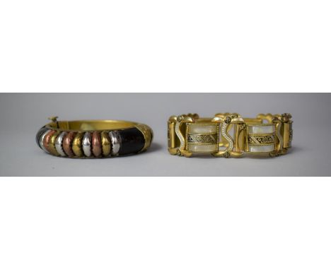 A Vintage Metal North Indian Segmented Bracelet with Mother and Pearl Style and Niello Decorated Panel, Scrolled Floral Decor