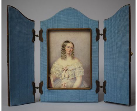A 19th Century Miniature Portrait of a Seated Young Lady with Ringlets, Contained in Leather Arched Top Folding Frame, Frame 