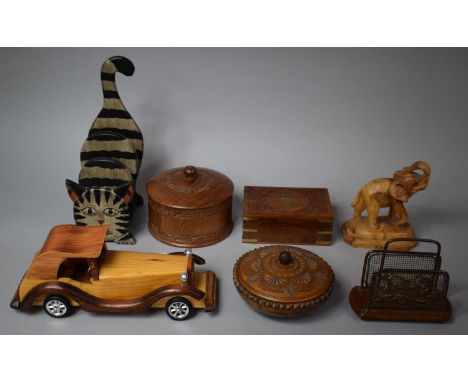 A Collection of Various Treen Items to Include Vintage Motorcar, Elephant Ornament, Letter Rack, Lidded Boxes etc 