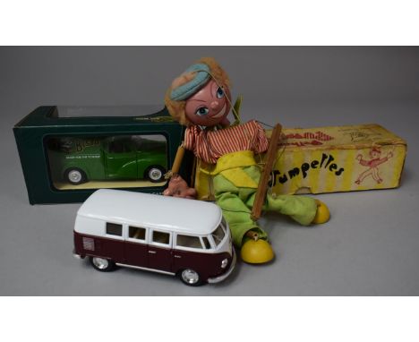 A Vintage Pelham "Jumpette" Puppet Together with Diecast Campervan and Boxed Diecast Bisto Van 
