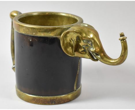 An Unusual 19th Century Colonial Novelty Item in the Form of a Brass and Tortoiseshell Tankard with Elephant Head Having Trun