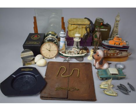 A Collection of Curios and Sundries to Include Blackpool Tower Ornament, Natwest Globe Money Bank, RNLI Boat, Vintage Alarm C