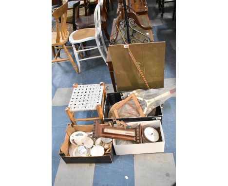 A Collection of Sundries to Include Stool, Brass Fire Screen, Vintage Tennis Racket etc 