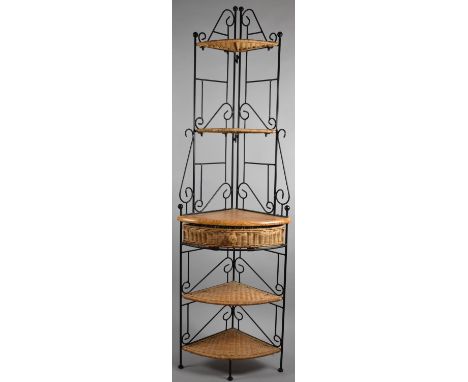 A Modern Wrought Iron and Woven Cane Five Shelf Corner Whatnot with Centre Drawer, 178cm high 