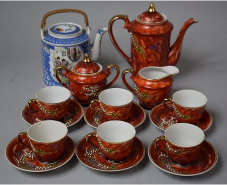 A Mid 20th Century Japanese Coffee Set with Applied Enamels on Red Ground Together with a Japanese Blue and White Decorative 