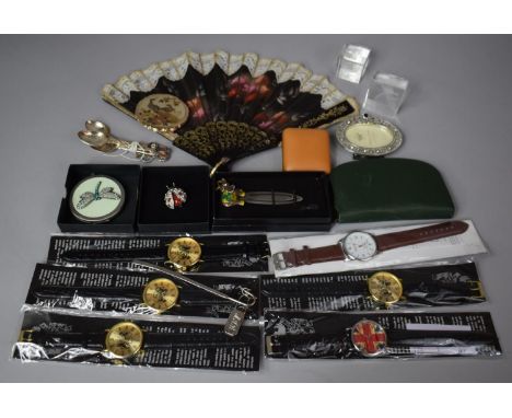 A Small Collection of Sundries to Include Costume Jewellery, Fan, Traveling Alarm Clock, Powder Compacts, Photo Frame etc 