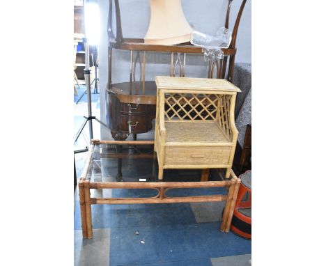 A Bamboo Framed Smoked Glass Topped Conservatory Coffee Table and Side Cabinet with Raised Shelf and Single Drawer, Table 98c