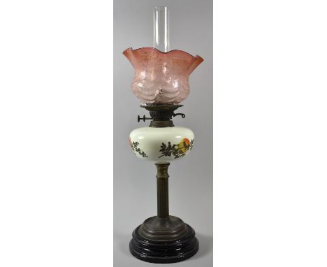A Late 19th/Early 20th Century Oil Lamp with Ribbed Brass Column Support, Opaque Glass Reservoir with Painted Bird Decoration