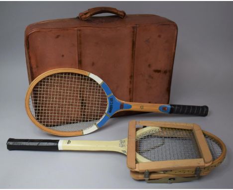 A Vintage Leather Case and Two Tennis Rackets 