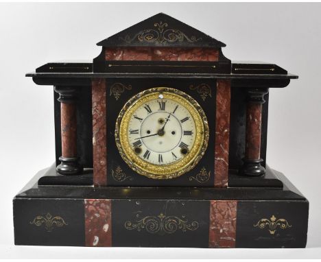 A French Black Slate and Marble Mantle Clock Case of Architectural Form, Original Movement Replaced with Battery, 43.5cm wide