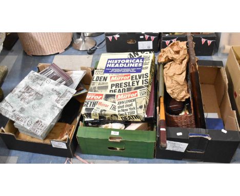 A Collection of Sundries to Include Souvenir Dolls, Vintage Racket, Cakeplate, Reprinted Historical Newspapers, Pictures and 
