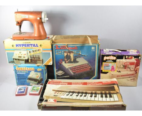 A Collection of Various Vintage Toys to Include Bontempi Organ, Petit Sewing Machine, Electronic Cash Register, Top Trump Car