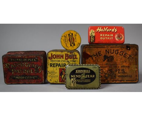 A Collection of Six Vintage Repair Tins to Include Patchquicks Patches for Motorcycles, John Bull's Repair Kit, Dunlop, Halfo