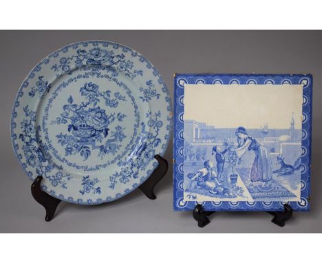 A French Blue and White Faience Wall Tile with Transfer Printed Scene, 21cm Square Together with a Nanking Pattern Blue and W