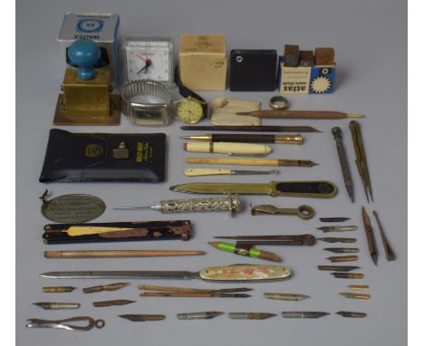 A Collection of Various Vintage Stationery and Desktop Items to Comprise Stamps, Pen Nibs to Include 14kt Example, Letter Ope