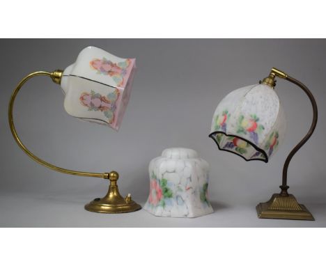 A Mid 20th Century Brass Wall Light Fitting with Decorated Opaque Glass Shade, a Brass Table Lamp Base with Similar Shade and