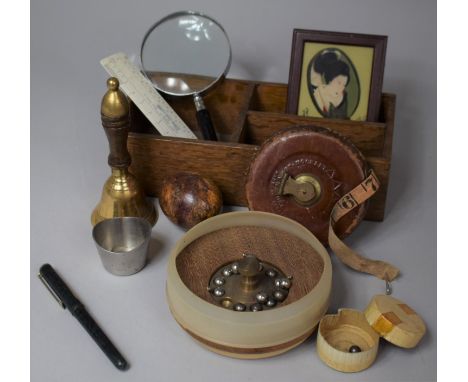 A Collection of Various Curios to Include Micro Ceramic Pen, Fitted Tray, Polished Stone Egg, Leather Mounted Tape Measure et