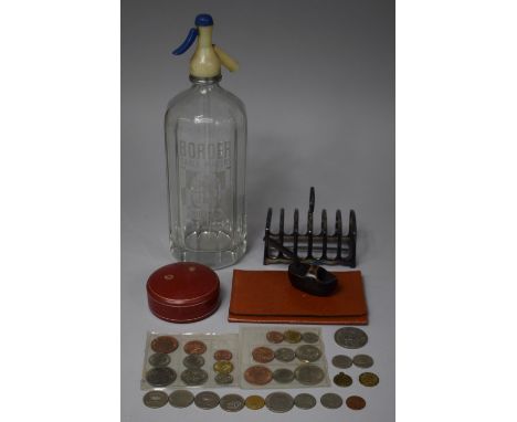 A Small Collection of Curios to Include Coins and Crowns, Novelty Pipe in the Form of a Clog, Soda Siphon, Circular Tooled Le