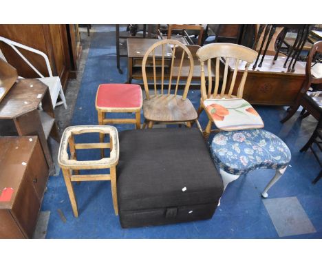 A Single Ercol Hoop Back (AF), Kitchen Chair and a Kidney Shaped Dressing Table Stool, Upholstered Modern Footstool and Two V
