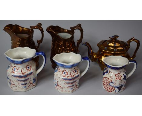 A Set of Three Ironstone Imari Jugs of Graduated Size Together with Two Lustre Moulded Glazed Examples and a Teapot,(Some Pie