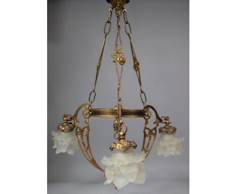A Modern Brass Three Branch Ceiling Wall Light with Opaque Glass Shelves, 45cm High 