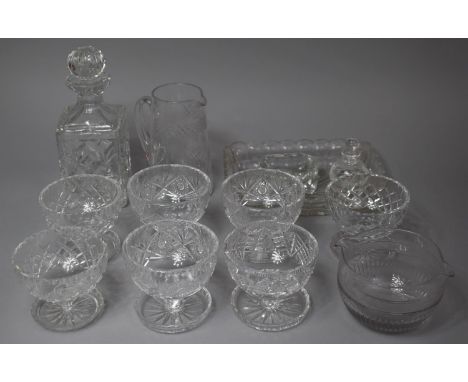 A Collection of Various Cut and Moulded Glassware to Include Sundae Dishes, Rinser, Decanter, Jug etc (Some Pieces with Condi