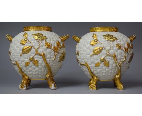 A Pair of Late 19th Century Royal Worcester Aesthetic Style Basket Weaved Two Handled Vases of Flattened Ovoid Form, c.1880, 
