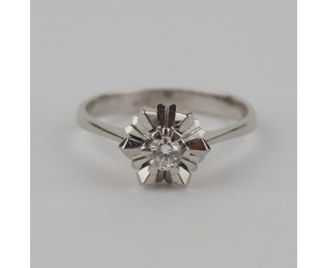 Ring mit Brillant, 750er Weißgold Gew.4g, Brillant, ca.0,29ct, in Krappenfassung in blütenartigem Ringkopf, U.60