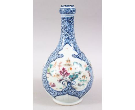 AN 18TH CENTURY CHINESE BLUE &amp; WHITE FAMILLE ROSE PORCELAIN BOTTLE VASE, the body of the vase slightly ribbed, with blue 