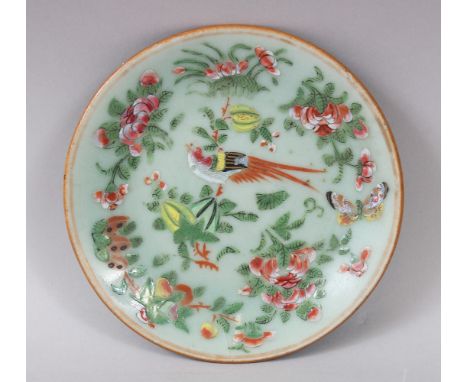 A 19TH CENTURY CHINESE CELADON FAMILLE ROSE PORCELAIN DISH, the dish decorated with flora and birds, the base with a seal mar