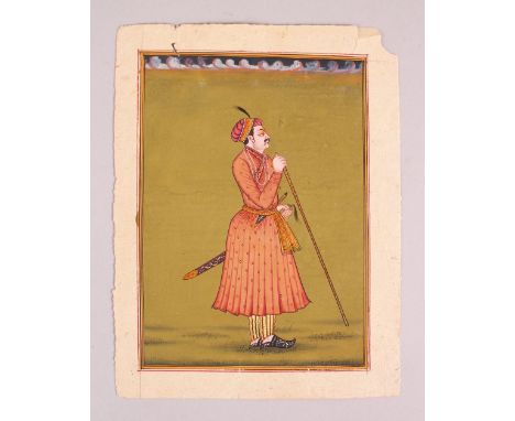 A GOOD 19TH / 20TH CENTURY INDO PERSIAN MUGHAL ART HAND PAINTED PICTURE ON PAPER, the picture depicting the scene of a man st