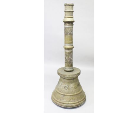 A VERY LARGE DAMASCUS MAMLUK REVIVAL PIERCED BRASS CANDLESTICK, 143cm high.