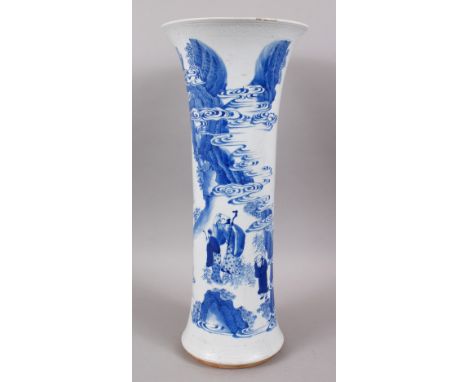 A GOOD 18TH / 19TH CENTURY CHINESE BLUE &amp; WHITE TRANSITIONAL PORCELAIN VASE, the body depicting scenes of figures mountai