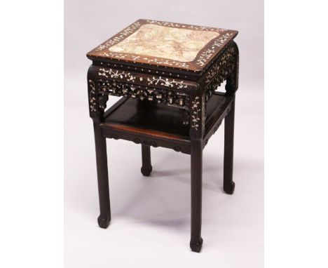 A GOOD 19TH CENTURY CHINESE HARDWOOD &amp; MARBLE TOP PLANTER / STAND, the top inset with marble, the surrounding edge inlaid