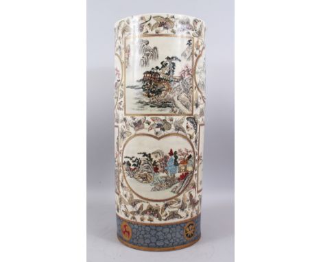 A GOOD JAPANESE MEIJI PERIOD SATSUMA PORCELAIN STICK STAND, the body decorated with multiple shaped and gilded panels each de