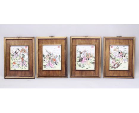 FOUR CHINESE 20TH CENTURY FAMILLE ROSE PORCELAIN FAMED PANELS, each panel depicting a scene of four immortals, dragons, horse