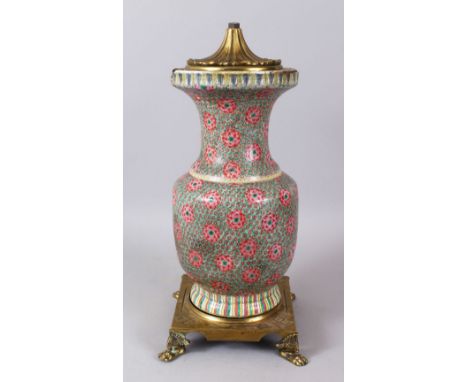 A GOOD 19TH CENTURY CHINESE PORCELAIN VASE, converted to a lamp, on a square brass base with claw feet. Vase 35cm high.