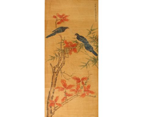 A GOOD CHINESE PAINTED HANGING SCROLL OF BIRDS, the painting depicting birds sat in the branches of trees amongst native flor