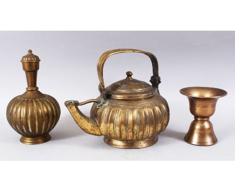 A COLLECTION OF 19TH / 20TH CENTURY INDIAN BRASS ITEMS, consisting of a teapot, a vase and a personal spittoon, 21.5cm high, 