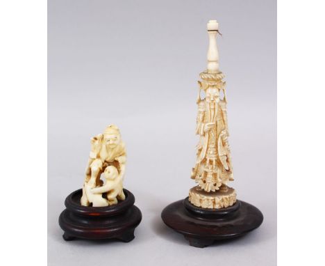 TWO 19TH CENTURY CHINESE / JAPANESE CARVED IVORY FIGURES / NETSUKE, one depicting a sage with a long beard on a fitted hardwo