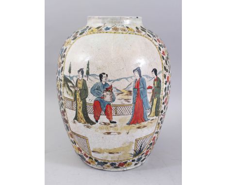 A GOOD JAPANESE MEIJI PERIOD CERAMIC / EARTHENWARE VASE, body decorated with panels of birds amongst native flora, and figure