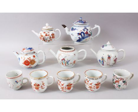 A MIXED LOT OF CHINESE 19TH CENTURY FAMILLE ROSE PORCELAIN TEACUPS &amp; TEA POTS, largest teapot 16cm high x 22cm wide, smal