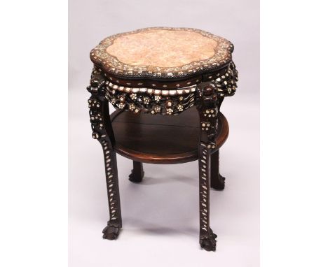 A GOOD 19TH CENTURY CHINESE HARDWOOD &amp; MARBLE TOP PLANTER / STAND, the top inset with marble, the surrounding edge inlaid