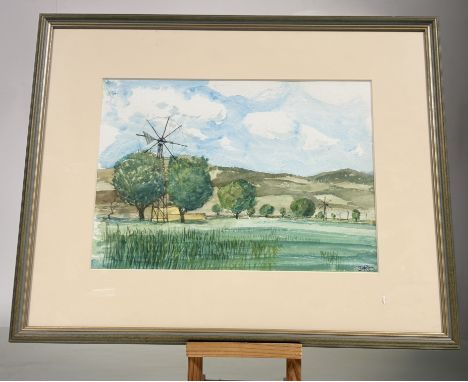 A collection of works by John R Oberlander (Scottish 1927-2024) comprising, Landscape, Lassithi Plateau, watercolour, initial