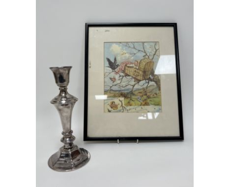 Margaret Tarrant (British 1888-1959), "Rock-A-Bye-Baby" print, in a glazed frame (22.5cmx17cm), together with a silver plated