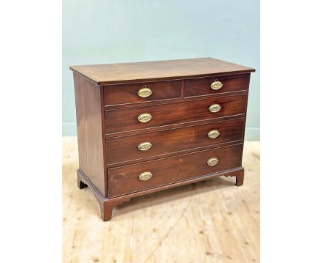 A 19thc Mahogany flat fronted box wood strung inlaid chest fitted to short and three graduated long drawers and on bracket fe